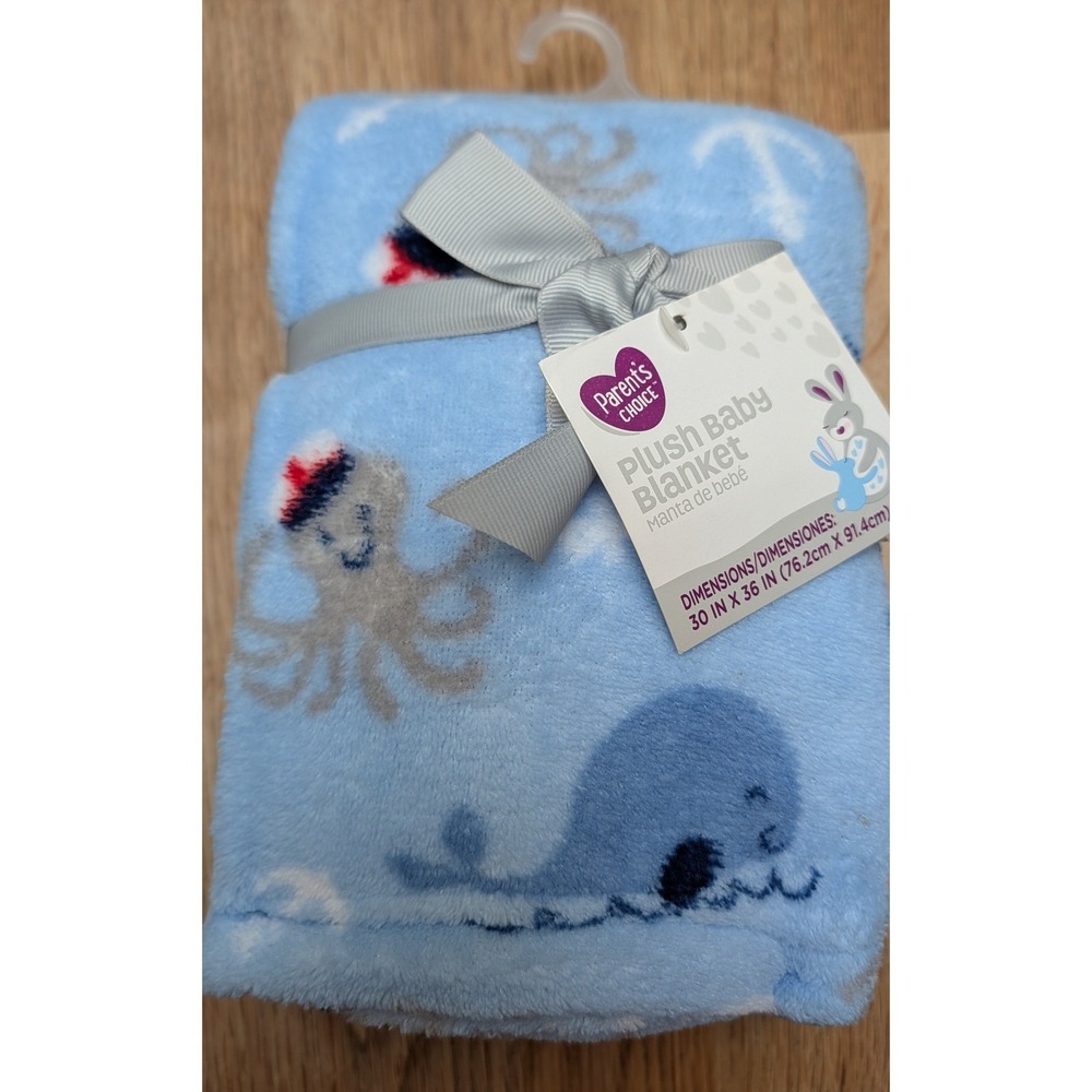 Parent's Choice Plush Baby Blanket 30x36 Blue Nautical Whale Octopus Anchor